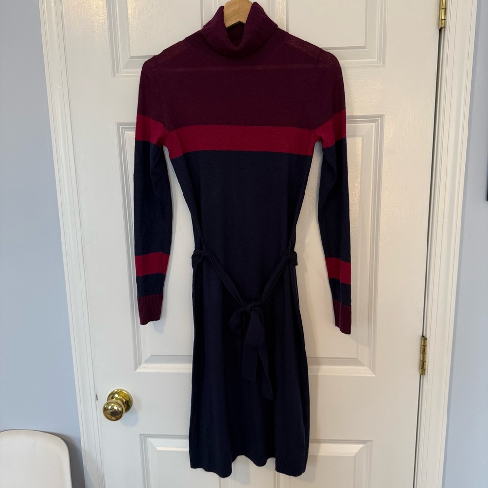 Turtleneck Knit Dress with Burgundy and Navy Colorblock